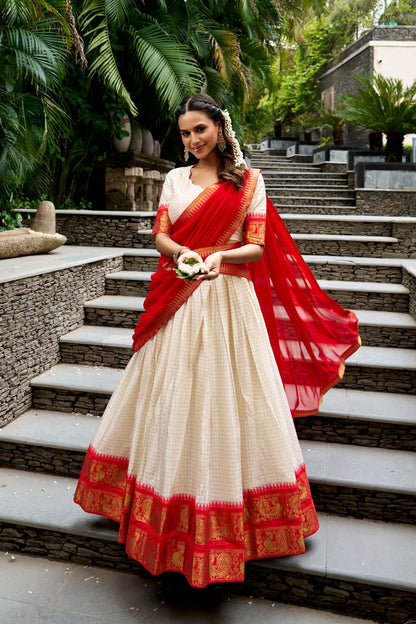 Off White Cotton Half Saree Lehenga