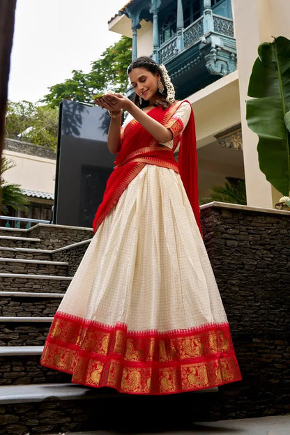 Off White Cotton Half Saree Lehenga