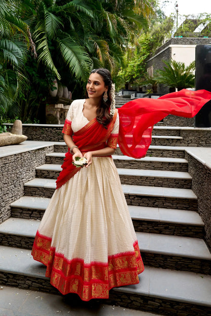 Off White Cotton Half Saree Lehenga