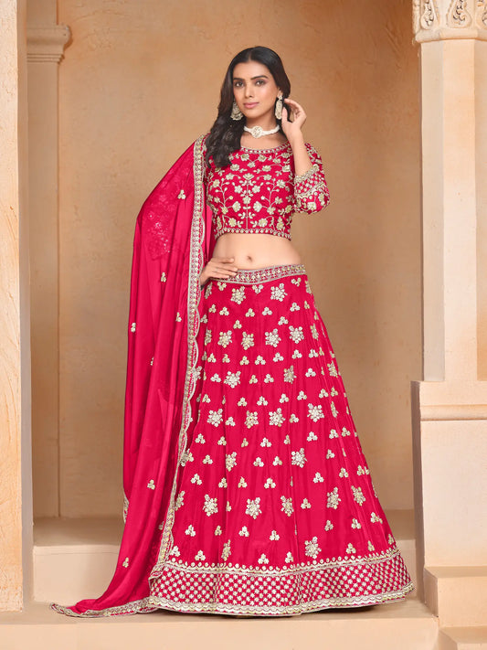 Red organza lehenga choli with thread and sequence embroidery work