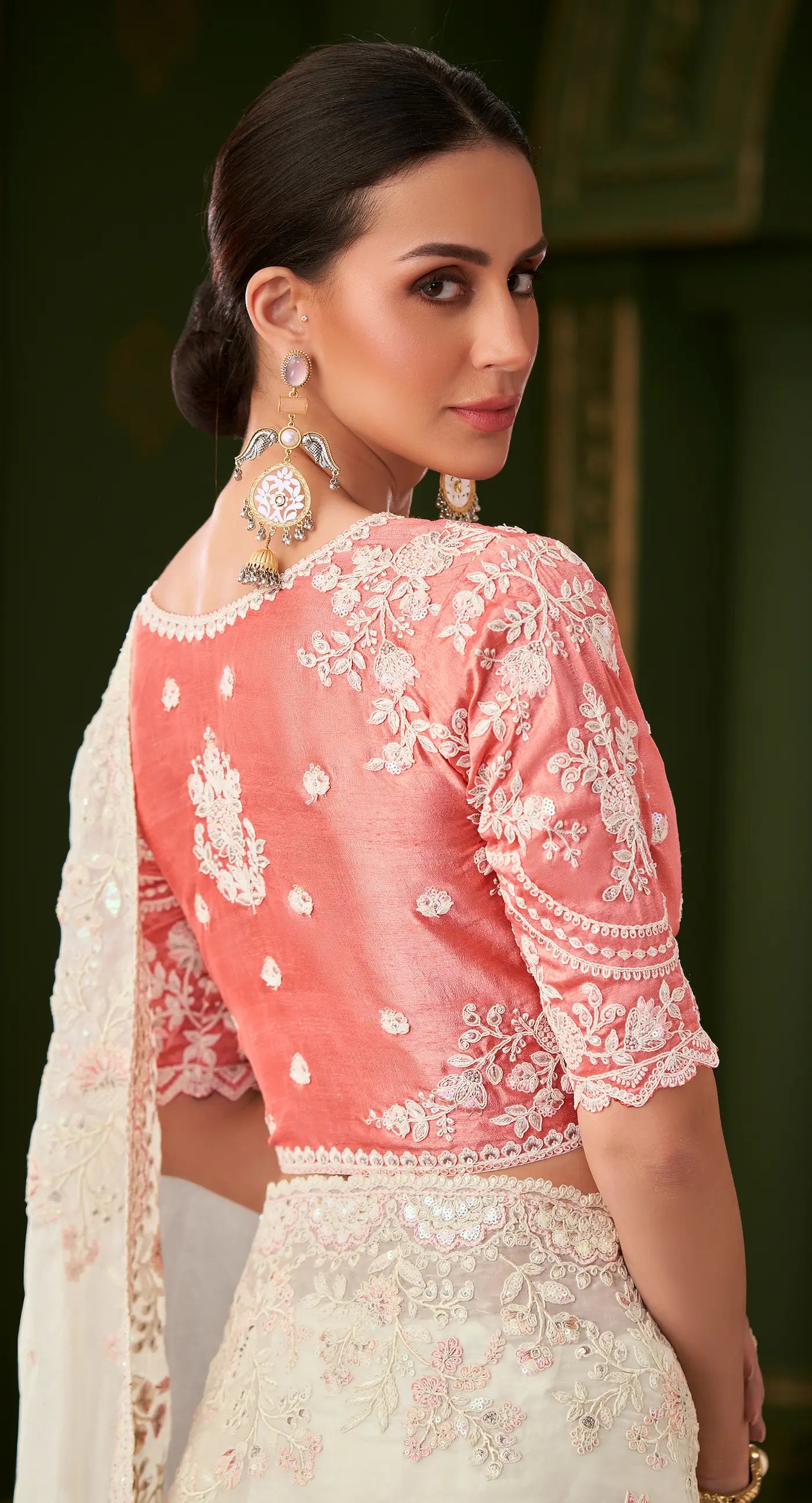 Powder White Silk georgette Heavy Embroidery Saree