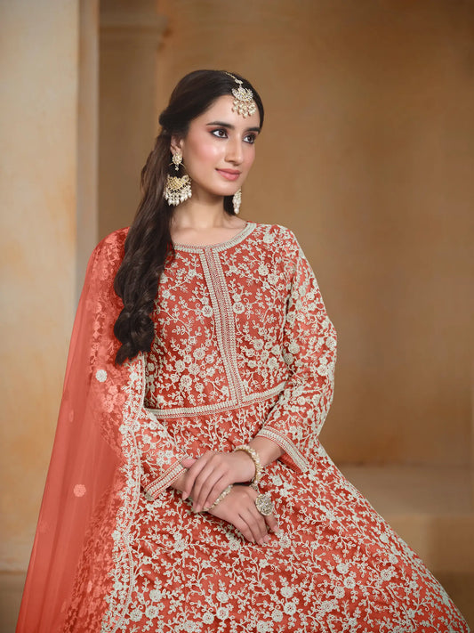 Orange Net Gown With Sequence & Thread Embroidery Work