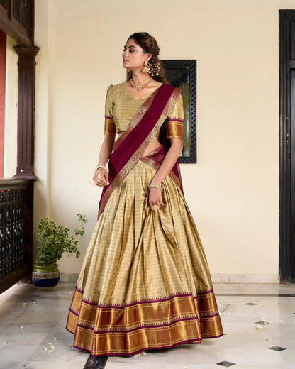 Beige Cotton Silk Weaving Work Paithani Lehenga Choli