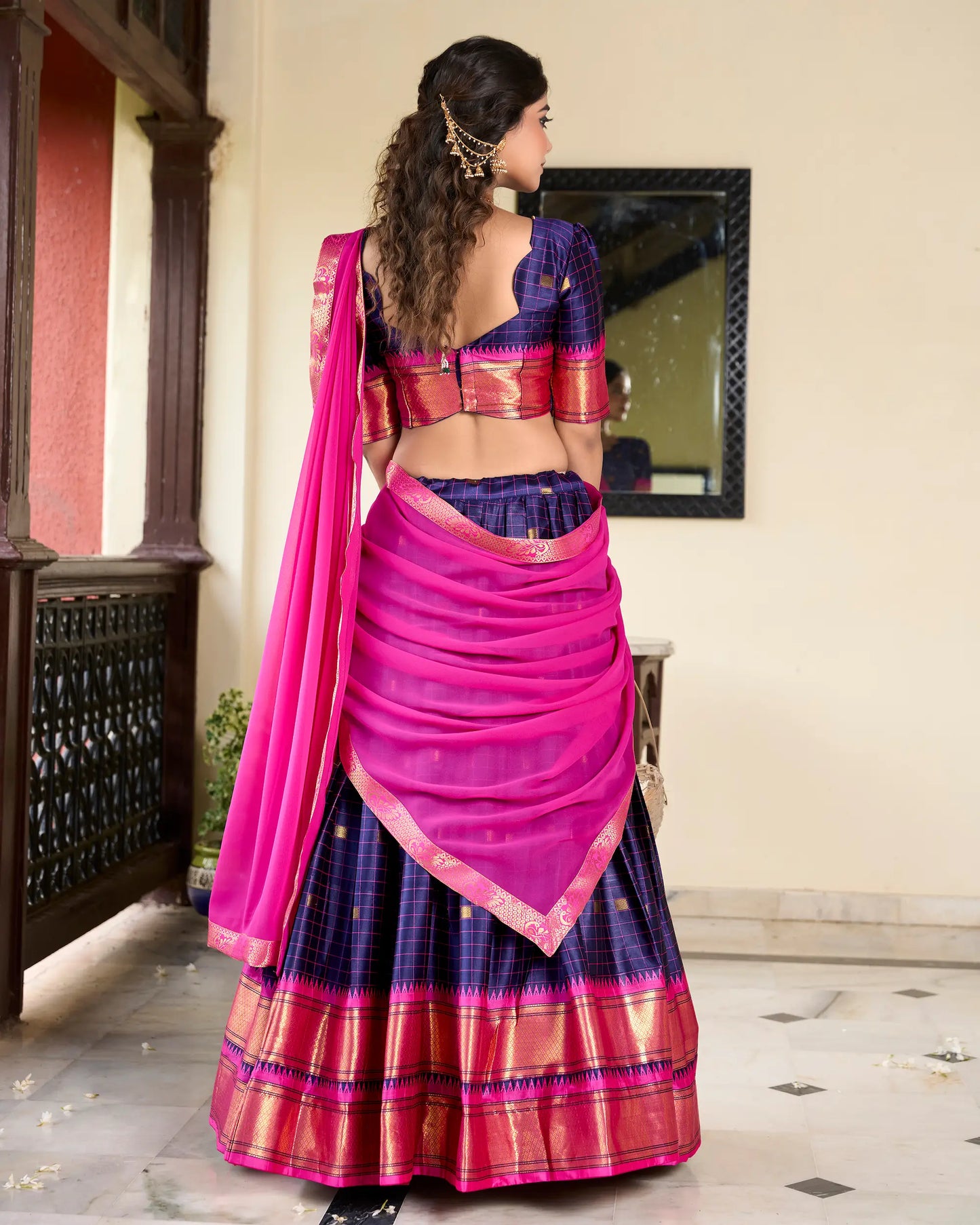 Navy Blue Cotton Silk Weaving Work Paithani Lehenga Choli