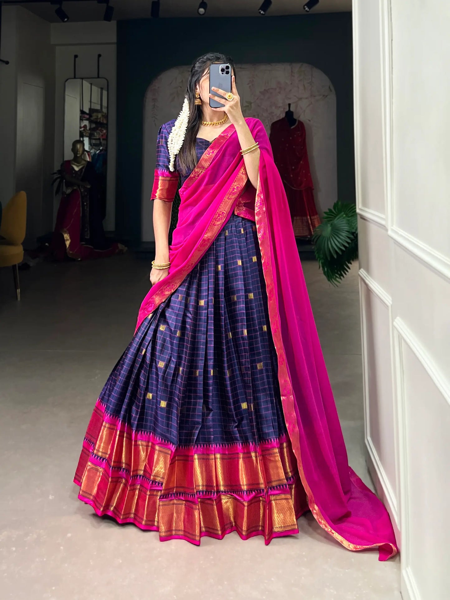 Navy Blue Cotton Silk Weaving Work Paithani Lehenga Choli