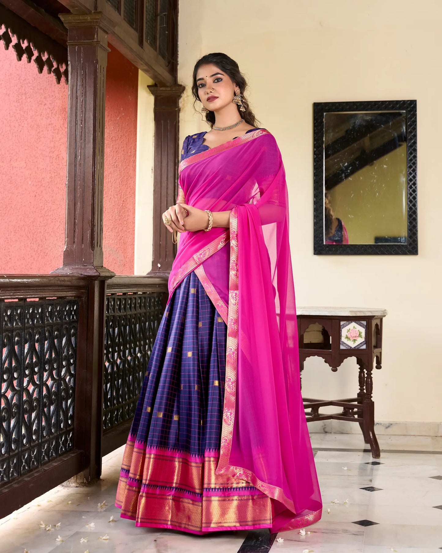 Navy Blue Cotton Silk Weaving Work Paithani Lehenga Choli