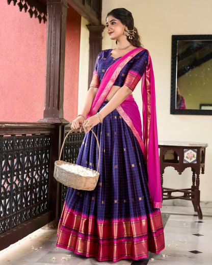 Navy Blue Cotton Silk Weaving Work Paithani Lehenga Choli