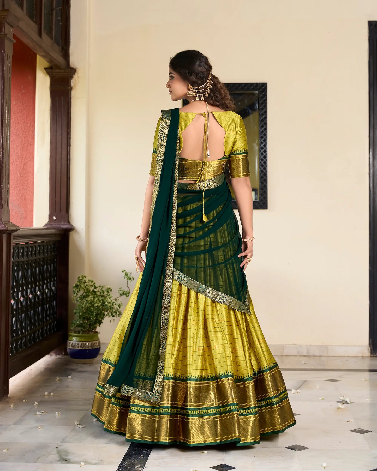 Parrot Green Cotton Silk Weaving Work Paithani Lehenga Choli