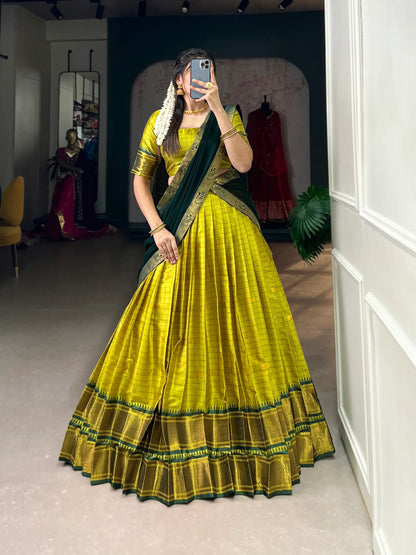 Parrot Green Cotton Silk Weaving Work Paithani Lehenga Choli