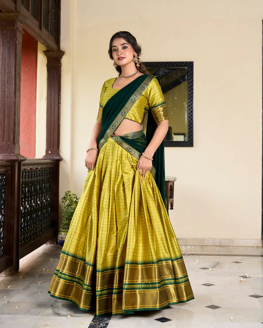 Parrot Green Cotton Silk Weaving Work Paithani Lehenga Choli