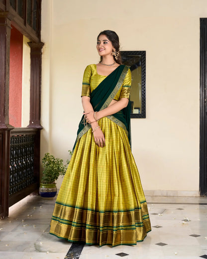 Parrot Green Cotton Silk Weaving Work Paithani Lehenga Choli