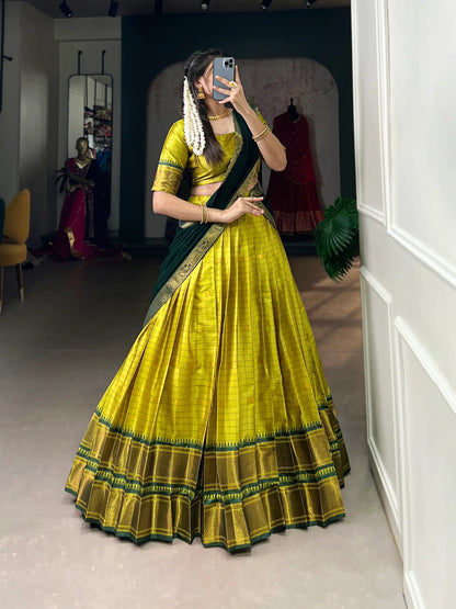 Parrot Green Cotton Silk Weaving Work Paithani Lehenga Choli