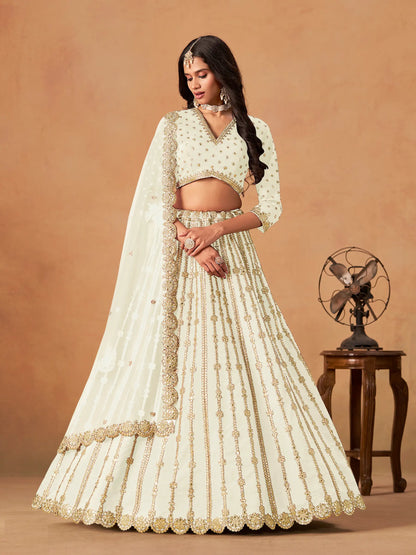 Off white art silk paper mirror and embroidery lehenga choli full view with dupatta