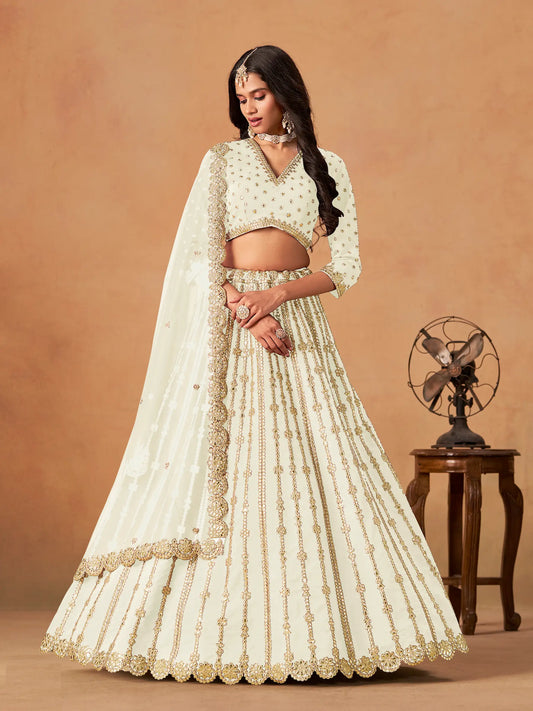 Off white art silk paper mirror and embroidery lehenga choli full view with dupatta