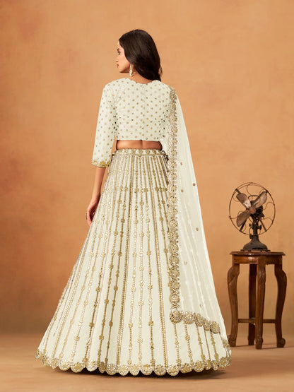 Back view of off white art silk paper mirror and embroidery lehenga choli full look