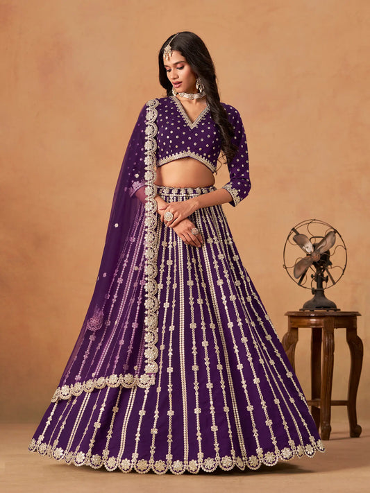 Purple art silk paper mirror and embroidery lehenga choli full view with dupatta