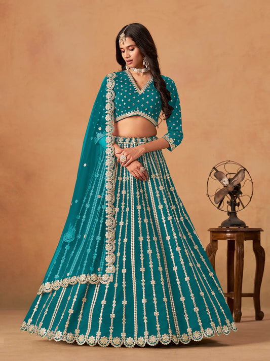 Teal blue art silk paper mirror and embroidery lehenga choli full view with dupatta