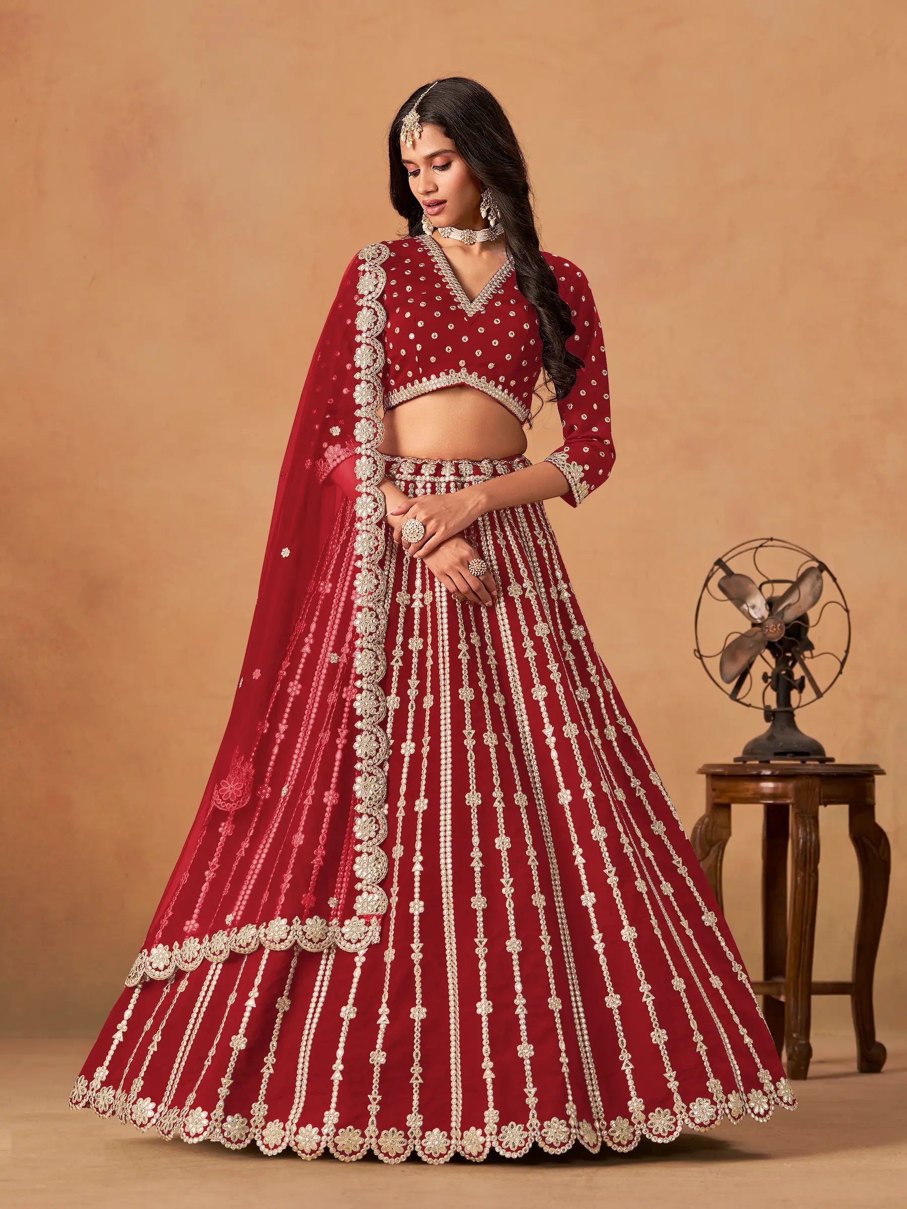 Red art silk paper mirror and embroidery lehenga choli full view with dupatta