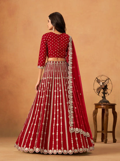 Back view of red art silk paper mirror and embroidery lehenga choli full look