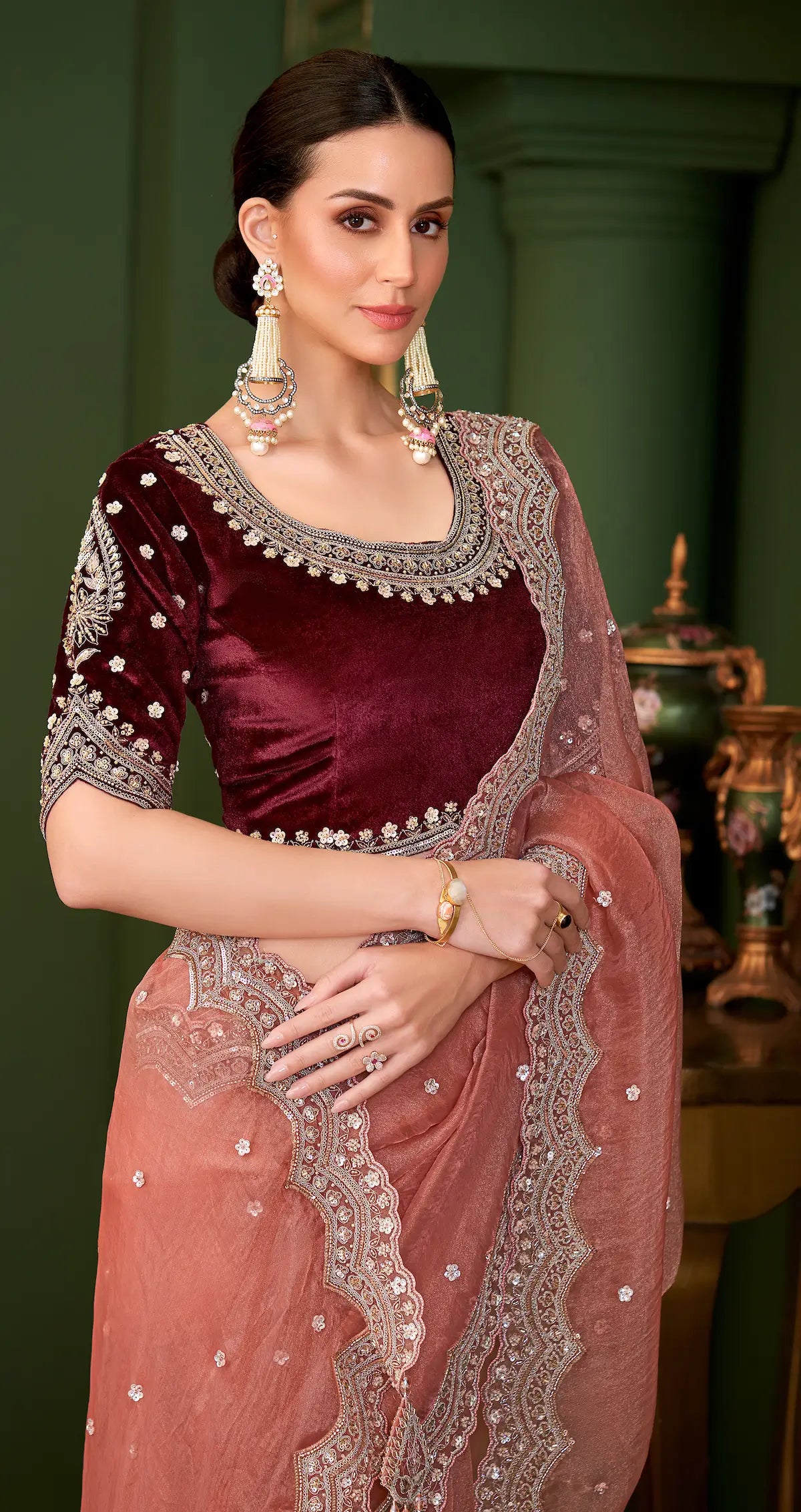 Dark Peach Tissue georgette Heavy Embroidery Saree