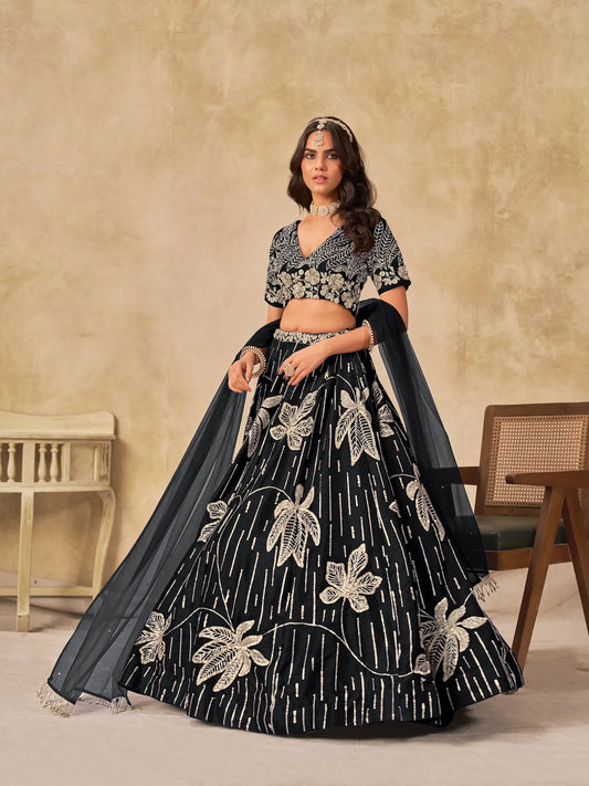 Black art silk lehenga choli with sequins embroidery full view with dupatta