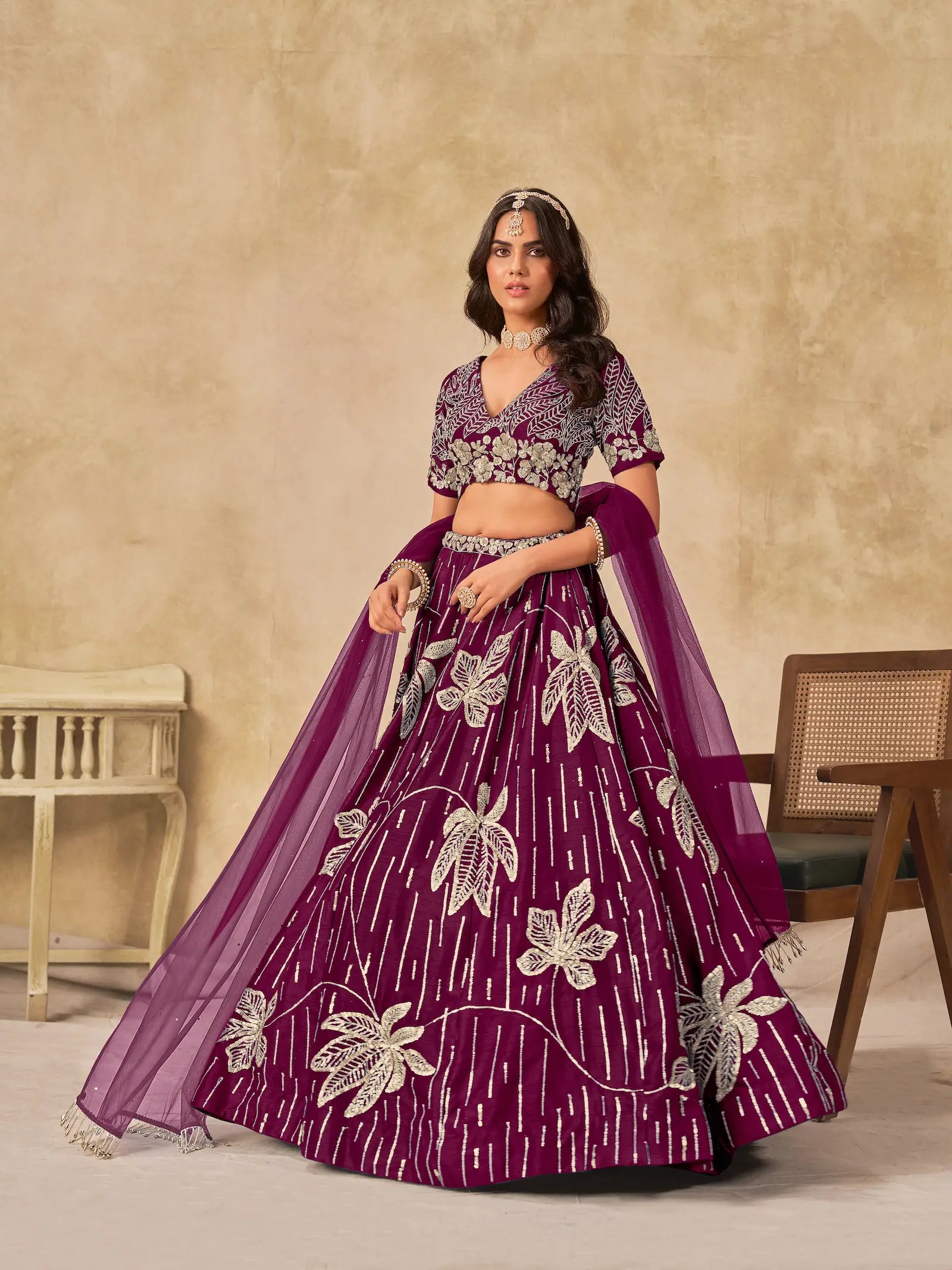 Wine art silk lehenga choli with sequins embroidery full view with dupatta