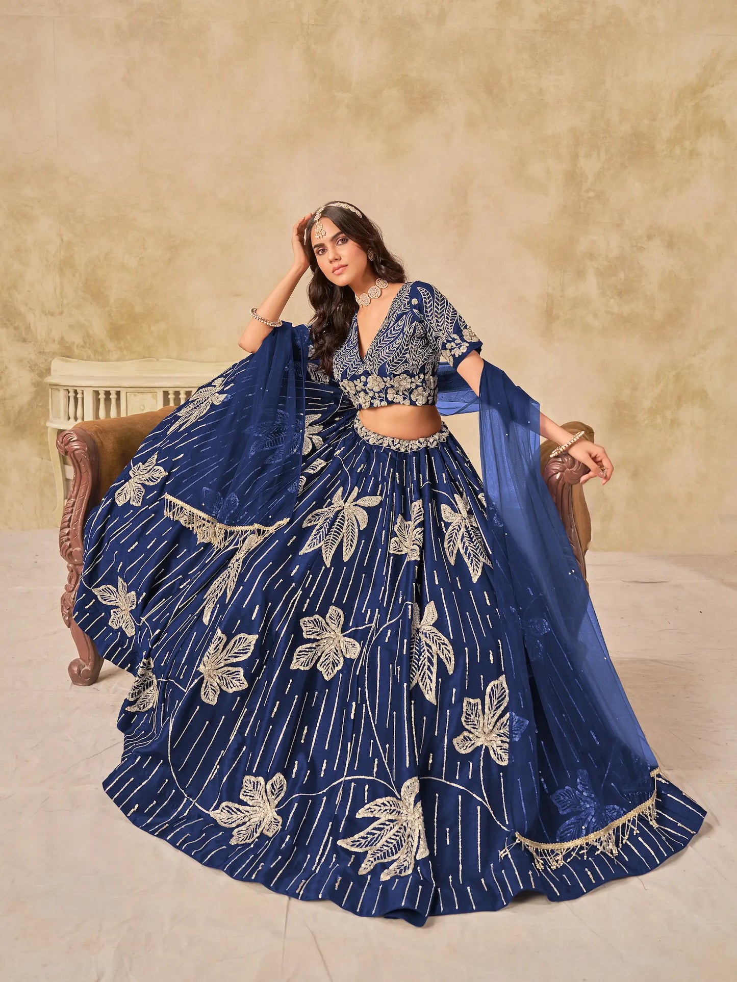 Navy Blue Art Silk Lehenga Choli With Sequins Embroidery