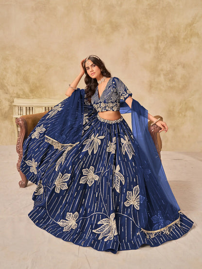 Navy Blue Art Silk Lehenga Choli With Sequins Embroidery