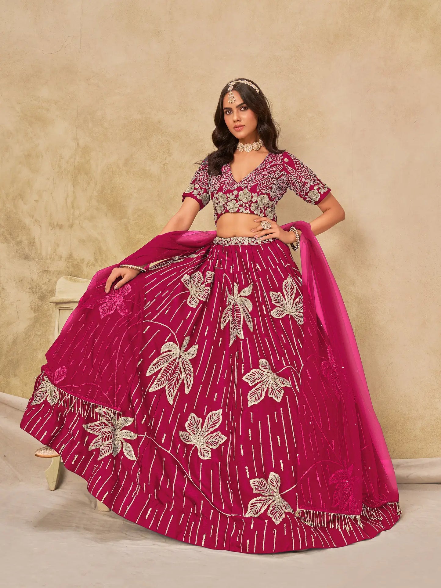 Pink Art Silk Lehenga Choli With Sequins Embroidery