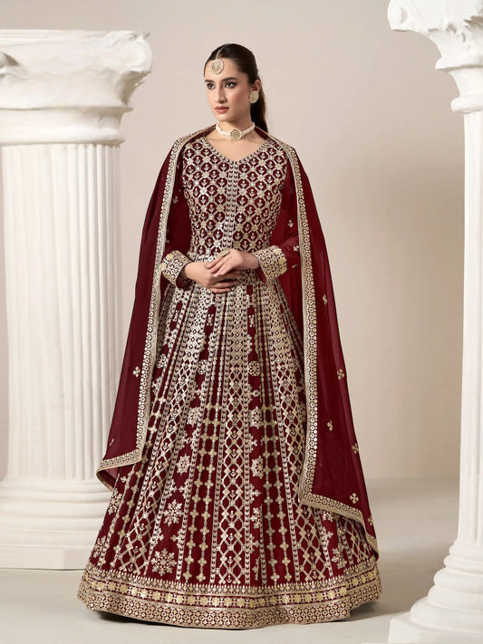 Maroon Georgette Gown With Sequence & Thread Embroidery Work