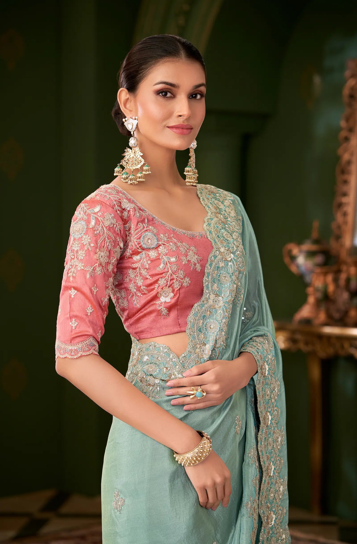 Sky Blue Viscose georgette Heavy Embroidery Saree