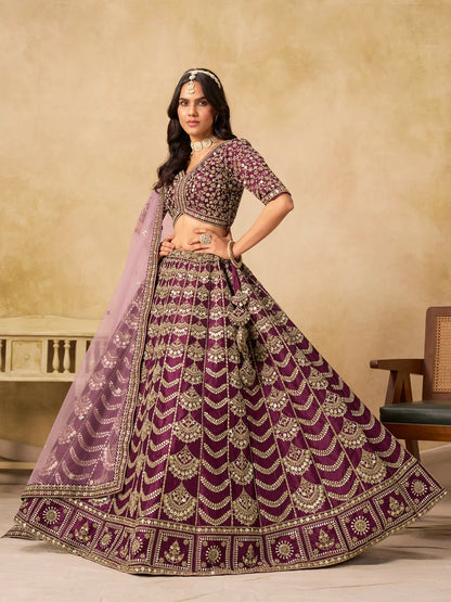 Wine Berry Art Silk Embroidery Lehenga Choli