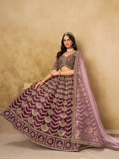 Wine Berry Art Silk Embroidery Lehenga Choli