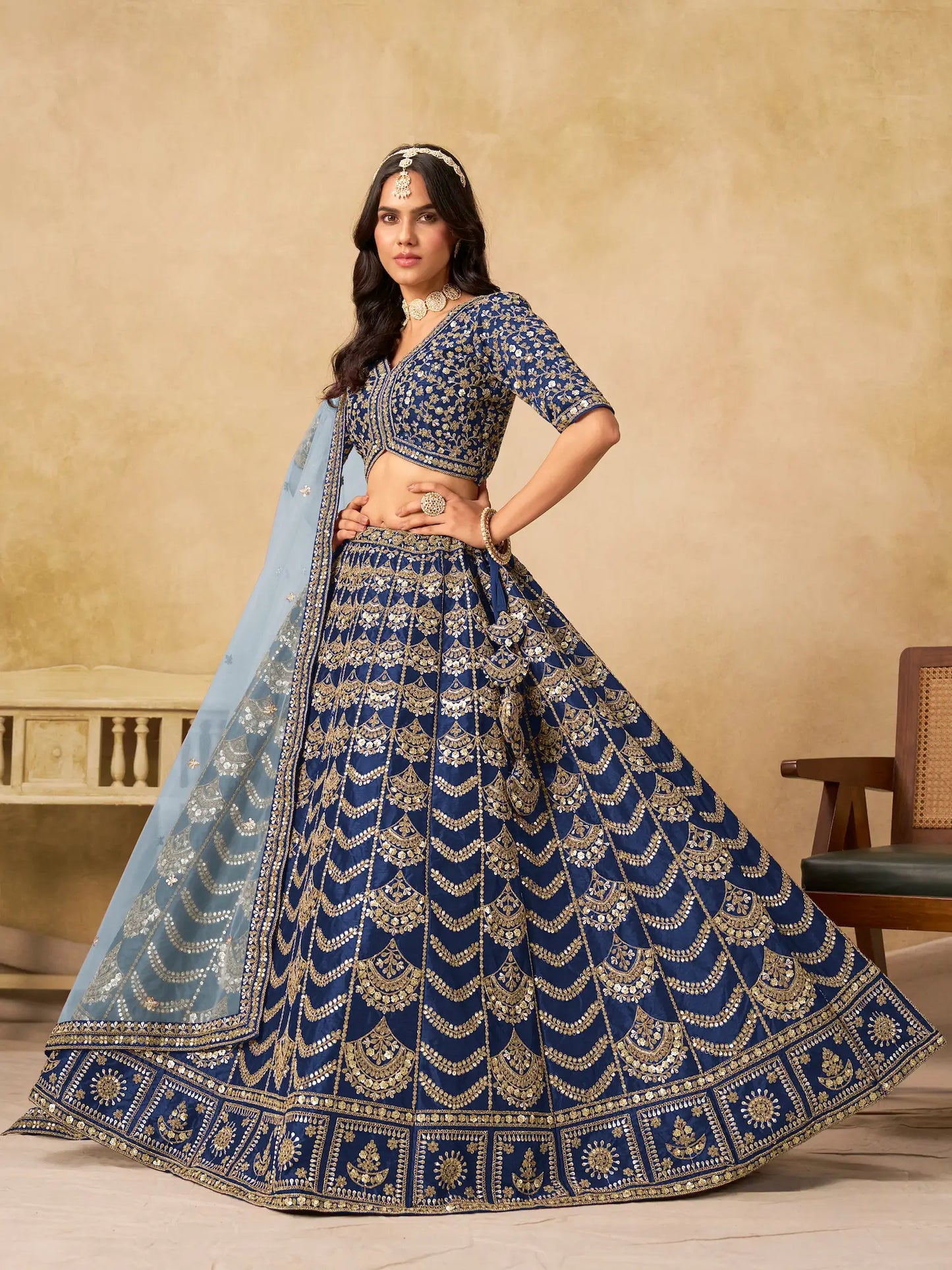 Nile Blue Art Silk Embroidery Lehenga Choli
