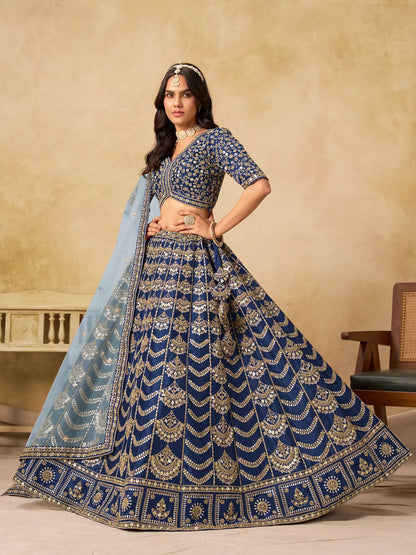Nile Blue Art Silk Embroidery Lehenga Choli