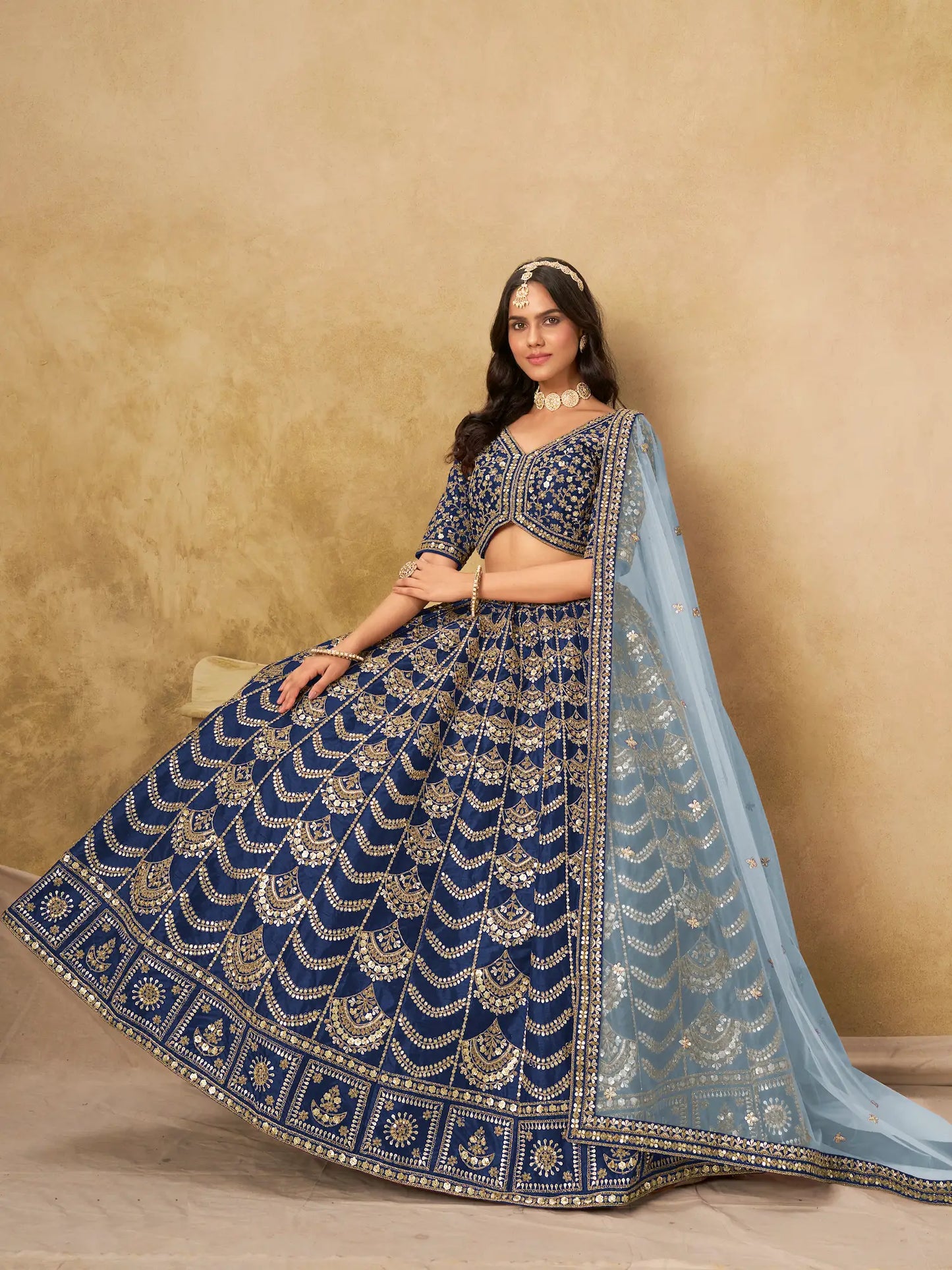 Nile Blue Art Silk Embroidery Lehenga Choli