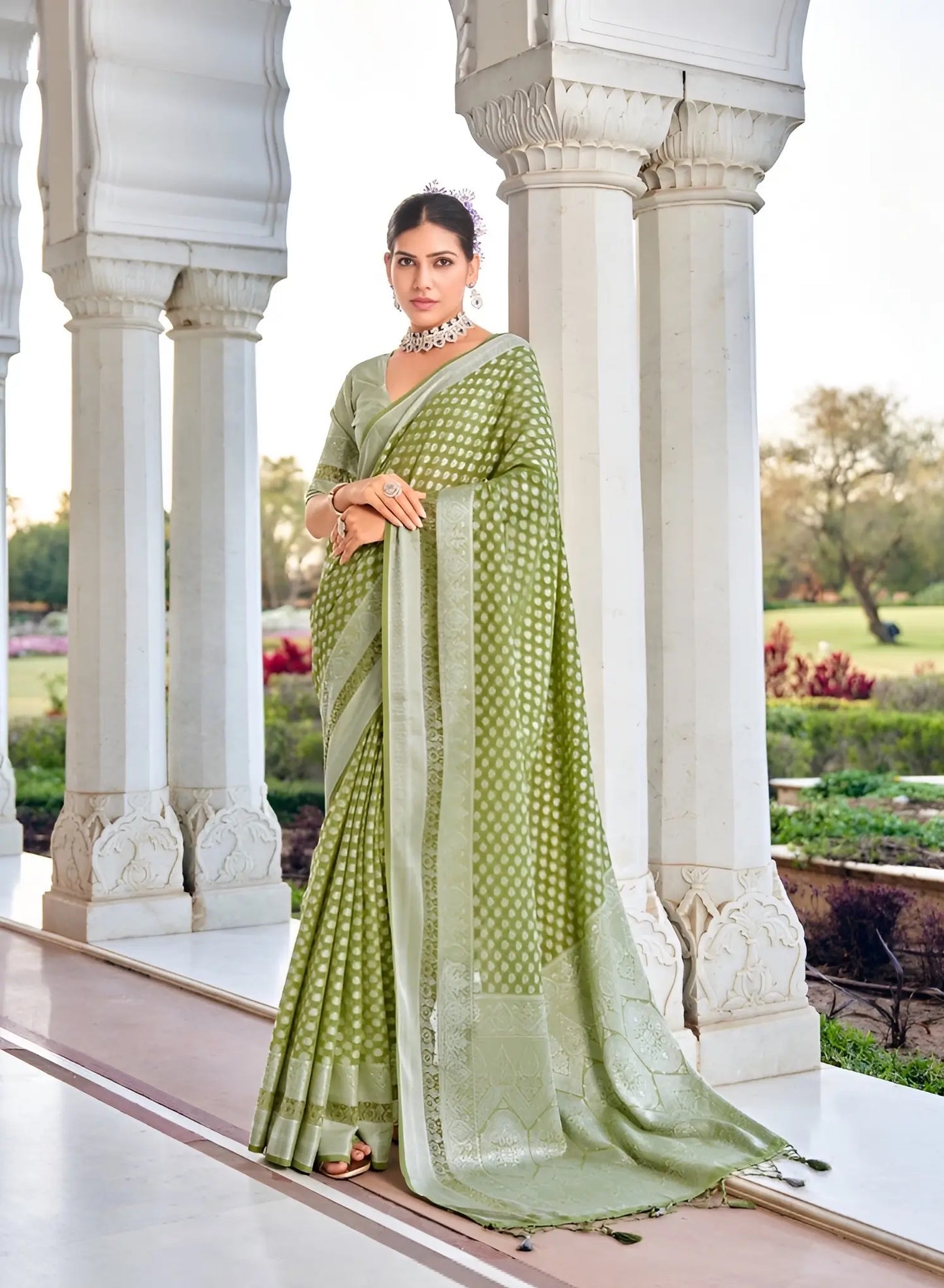 Olive Green Georgette Weaving Saree