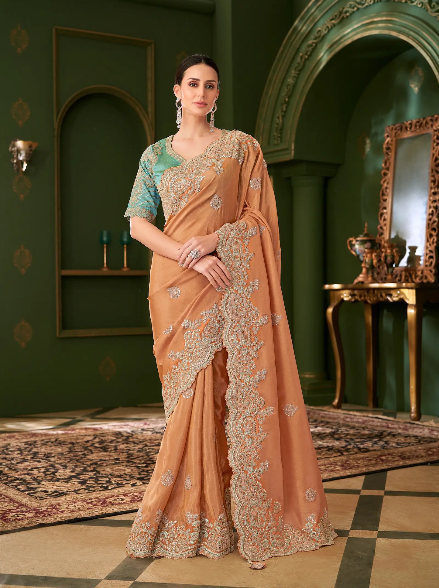 Saffron Orange Viscose georgette Heavy Embroidery Saree