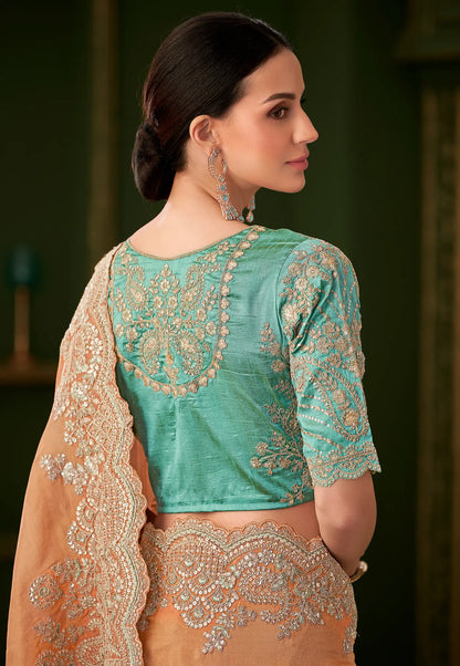 Saffron Orange Viscose georgette Heavy Embroidery Saree