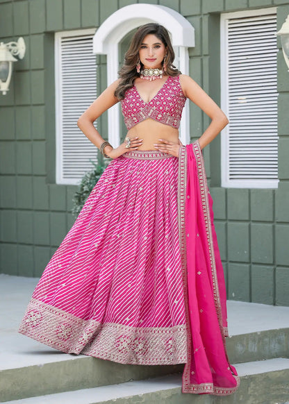 Hot Pink Silk Leheriya Print & Embroidery Lehenga Choli