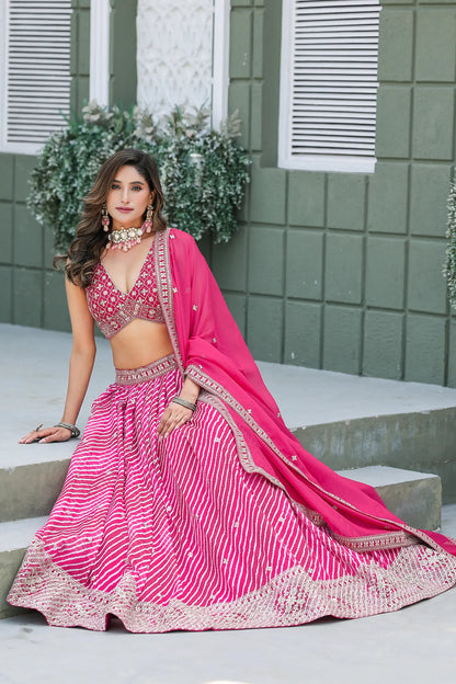 Hot Pink Silk Leheriya Print & Embroidery Lehenga Choli