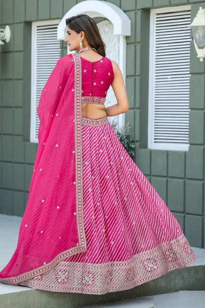 Hot Pink Silk Leheriya Print & Embroidery Lehenga Choli