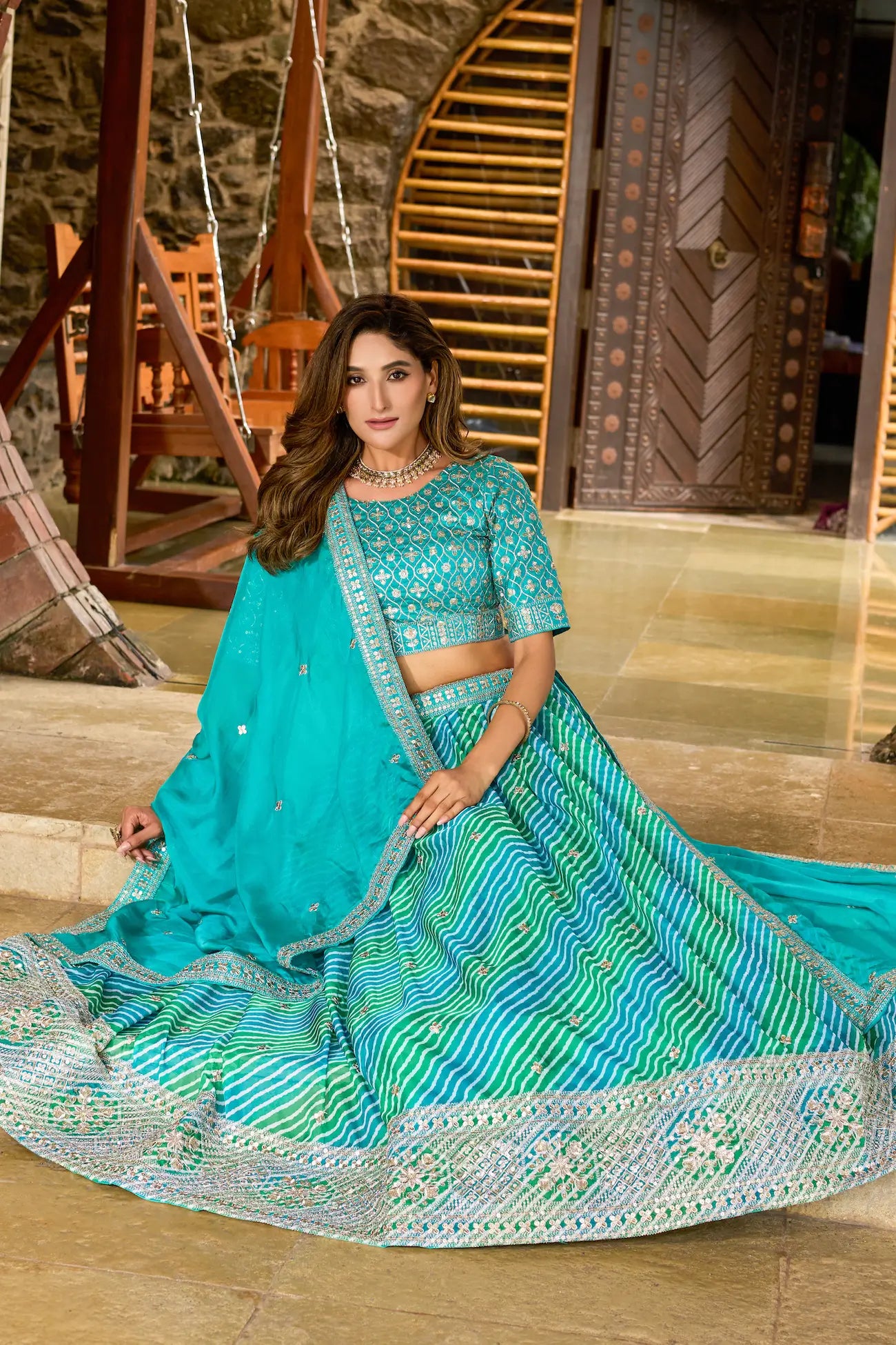 Turquoise Blue Silk Lehenriya Print & Embroidery Lehenga Choli
