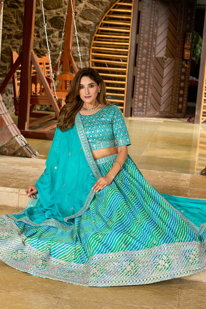 Turquoise Blue Silk Lehenriya Print & Embroidery Lehenga Choli