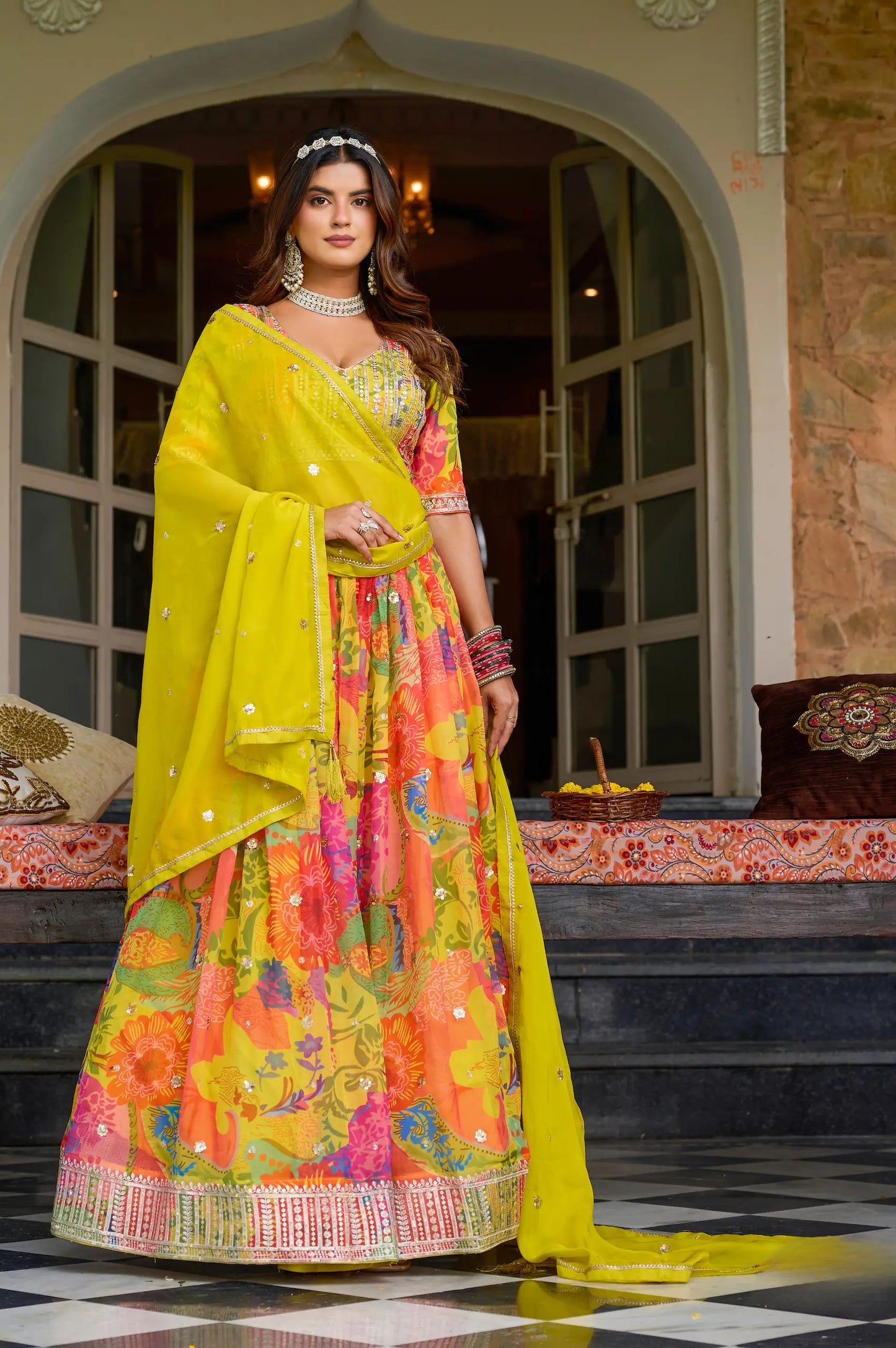 Yellow Multicolor Printed & Embroidery Lehenga Choli
