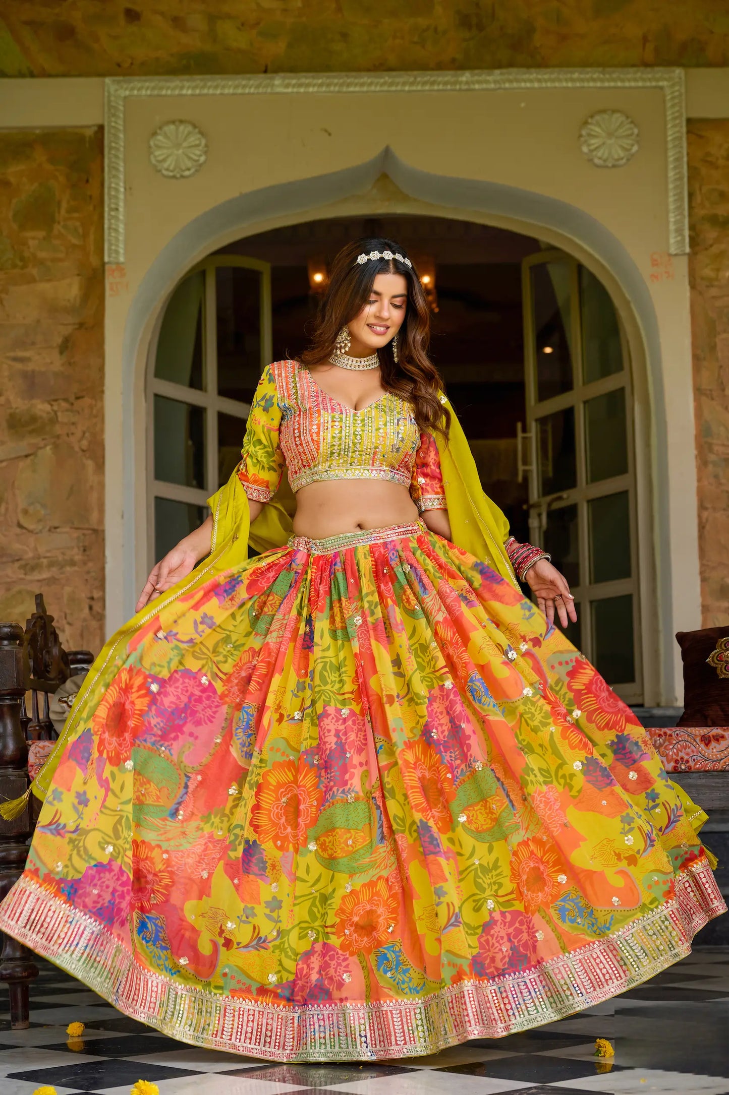 Yellow Multicolor Printed & Embroidery Lehenga Choli