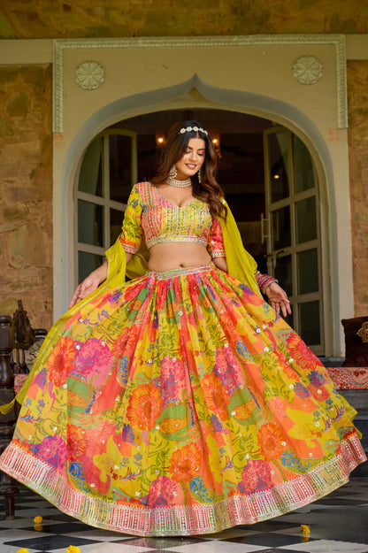 Yellow Multicolor Printed & Embroidery Lehenga Choli