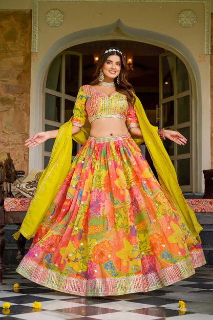 Yellow Multicolor Printed & Embroidery Lehenga Choli