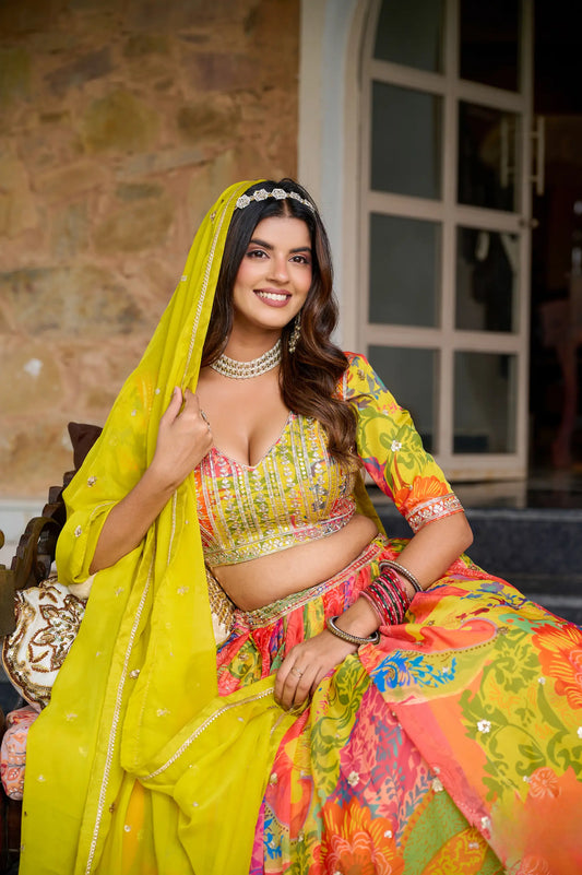 Yellow Multicolor Printed & Embroidery Lehenga Choli