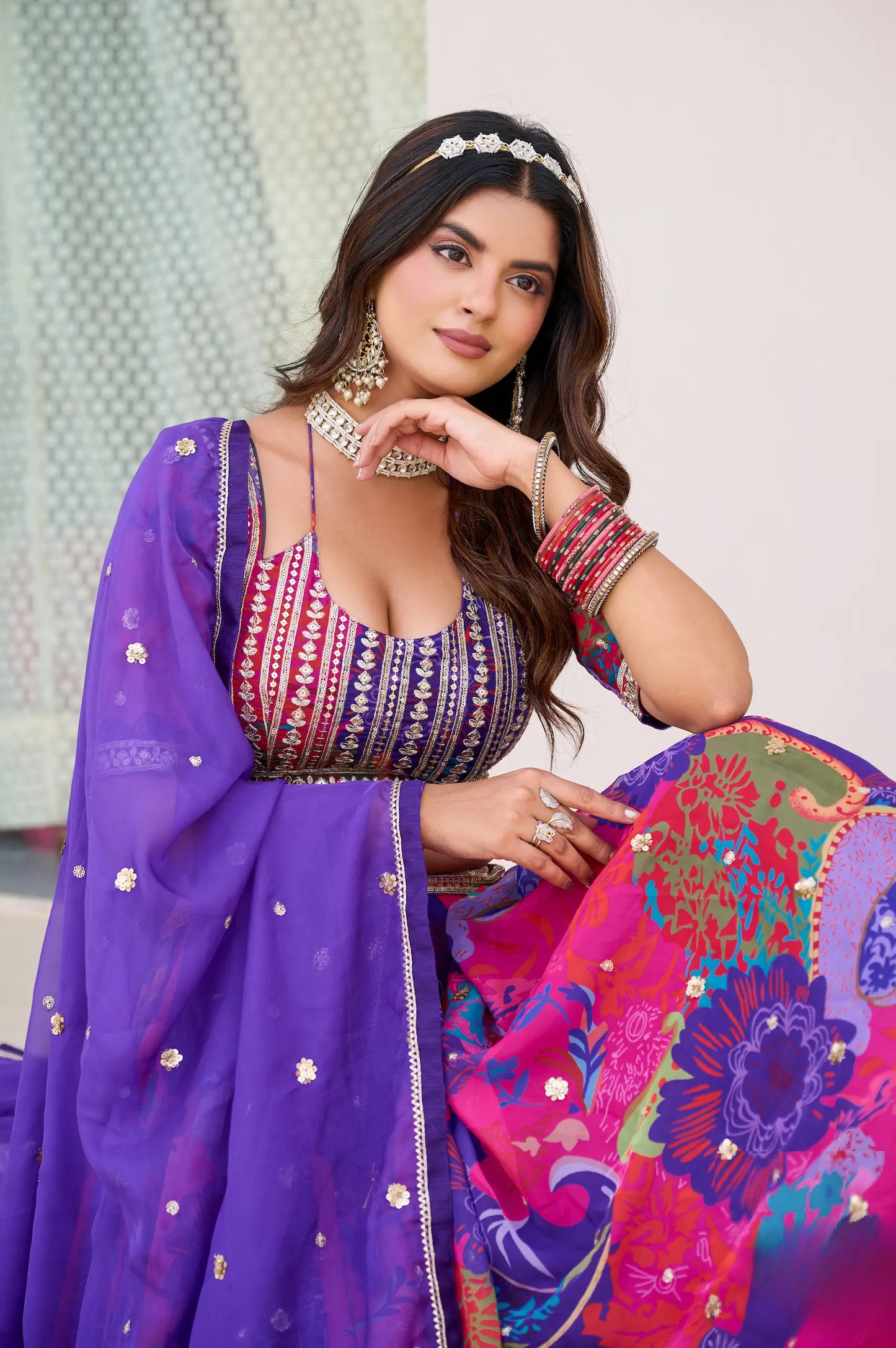 Purple Multicolor Printed & Embroidery Lehenga Choli